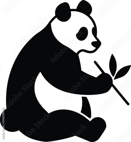 Sitting panda bear eating bamboo stick flat vector illustration icon isolated on white background
