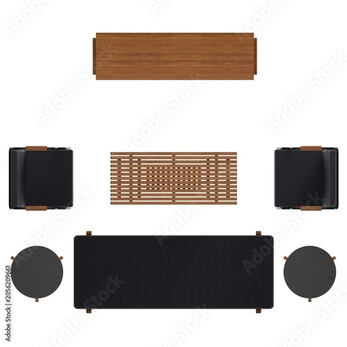 Top view of teak living room set with daybed sofa, chair, coffee table, side tables, and TV cabinet showing rich wood texture.