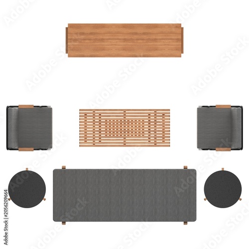 Top view of oak living room set with daybed sofa, chair, coffee table, side tables, and TV cabinet showing organized arrangement.