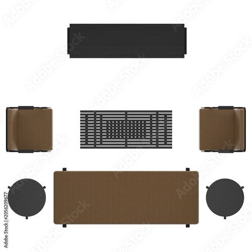 Top view of walnut living room set with daybed sofa, chair, coffee table, side tables, and TV cabinet showing smooth surfaces.