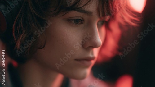 Close-up portrait of a young woman's face. she appears to be in her late teens or early twenties, with short, wavy hair that is styled in loose curls.