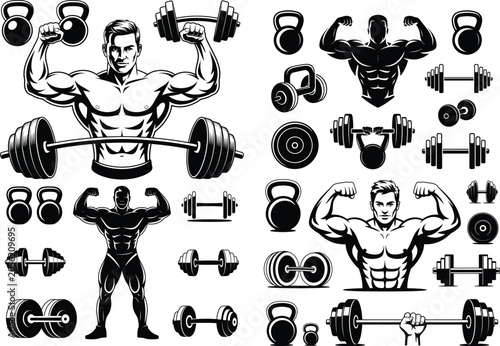 Gym icons, fitness symbols, workout graphics, weightlifting illustrations, exercise clip art