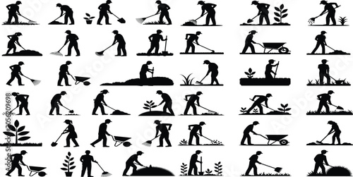 40 Black Silhouette Icons, Gardening Tools, Landscaping, People Working, Vector Graphics