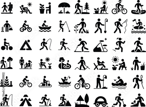 Outdoor sports icons, black silhouette symbols, fitness and recreation graphics, 40 vector illustrations