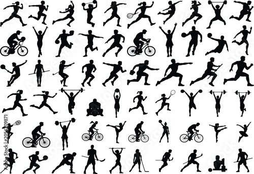 Sports Icons, Athletic Silhouettes, Fitness Symbols, Black Vector Graphics
