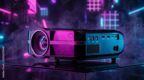 Modern digital projector glowing with neon purple and blue lights in futuristic cyberpunk environment. Concept home cinema, gaming setup, streaming technology, multimedia entertainment, innovation
