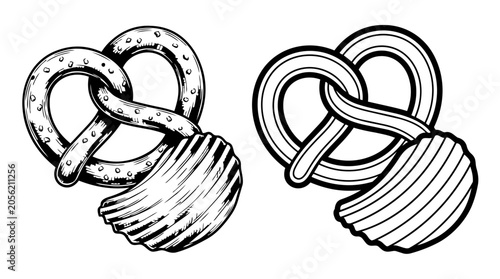 Two Black And White Vector Illustrations Of Pretzels With Wooden Handles pretzel