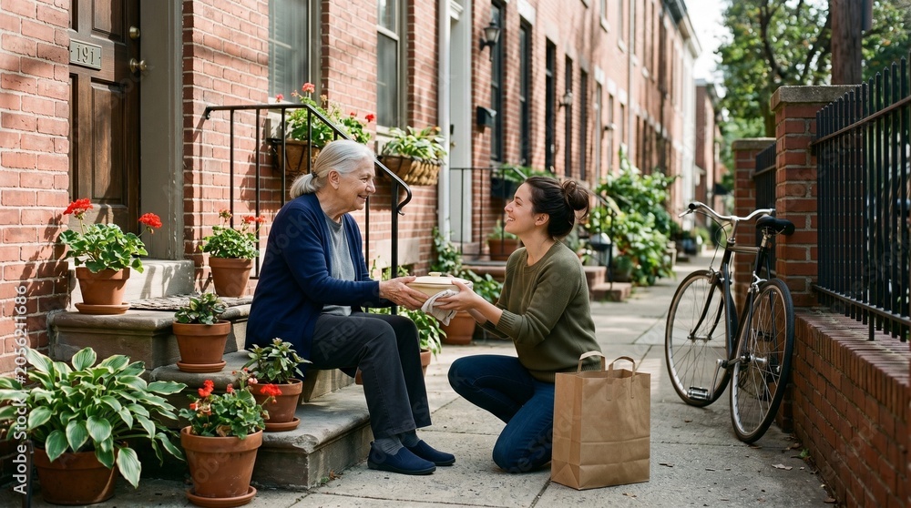 Fototapeta premium Front Step Neighbor Exchange Showing Everyday Residential Mutual Support