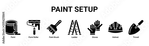 Foto Paint Setup web banner icon vector illustration with Paint, Paint Roller, Paint