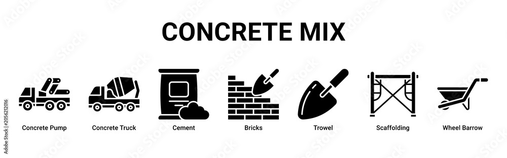 Naklejka premium Concrete Mix web banner icon vector illustration with Concrete Pump, Concrete Truck, Cement, Bricks, Trowel, Scaffolding and Wheel Barrow