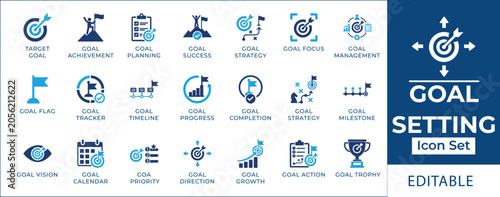 Fotografie Goal setting icon set featuring business target achievement, project milestone roadmap, strategic planning calendar, mission success trophy, and objective tracking symbols