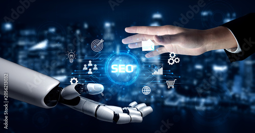 Obraz na plátně Business and Technology Crossover with Robot Hand Reaching for Human Hand in Digital Environment Representing SEO and Innovation