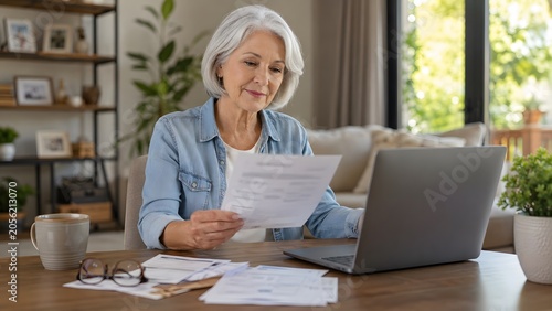 Senior woman reviewing pension documents with laptop at home 