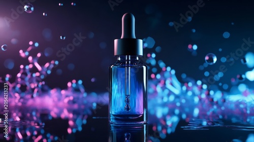 Cosmetic serum bottle on glowing futuristic beauty background with floating molecules showing skincare science anti aging treatment hydration luxury cosmetics dermatology premium facial care concept