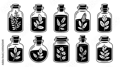 Quadro su tela Bottles Containing Botanical Specimens Black And White Vector Illustration Colle