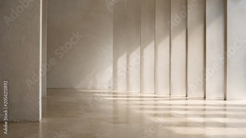 Minimal Architectural Interior with Rhythmic Sunlight Shadows and Elegant Columns