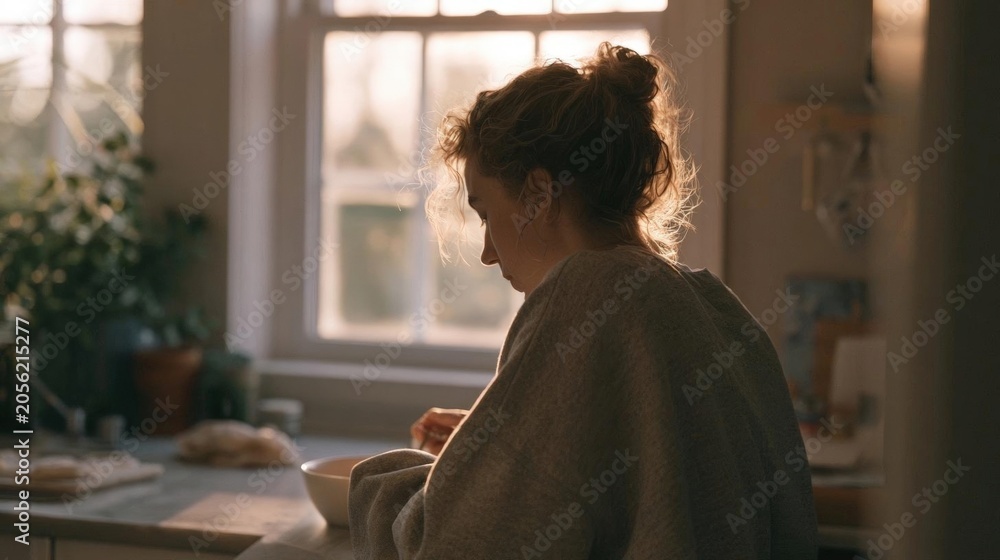 Fototapeta premium Young woman sitting at a kitchen counter with a bowl of food in front of her. she is wearing a grey sweater and her hair is tied up in a messy bun.