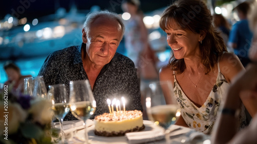 Older couple celebrating a birthday with cake and candles during an evening restaurant dinner for romantic celebration background and party banner