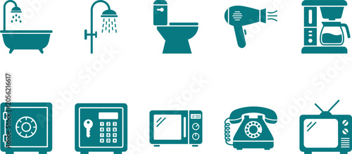 Fotografia Large Vector Set of Teal Home Appliance Icons Featuring Bathtubs Showers Toilets Hair Dryers Coffee Makers Microwaves Safes and Vintage Televisions for Interior Concepts