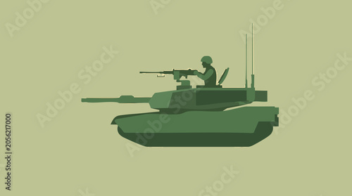 Schilderij op canvas Minimalist illustration of a military tank with soldier operating a machine gun