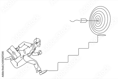 Single continuous line drawing businessman  running up stairway to high target. Business concept growth, path to success. Career path. Hand drawn one line vector. Editable stroke