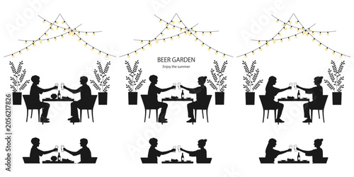 ビールを乾杯している人たちのシルエットイラスト素材セット ベクター ビアガーデン 夏 白背景 全身 上半身