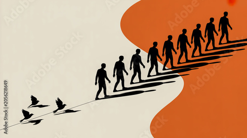 A minimalist artistic illustration showing a line of black silhouetted figures walking in a single file against a white and orange split background.