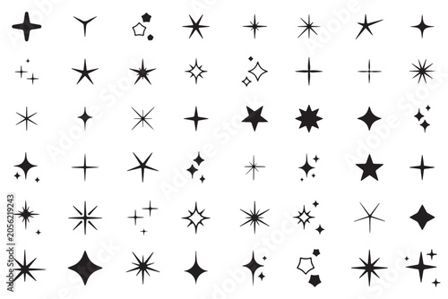 Doodle glitter twinkle star icons set. Yellow hand drawn shine star burst symbol. Sketch magic blink collection. Doodle spark shape icon set. Vector illustration on transparent background
