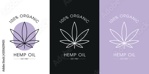 Hemp Oil Organic Product Quality Certification Badge Set, vector illustration.