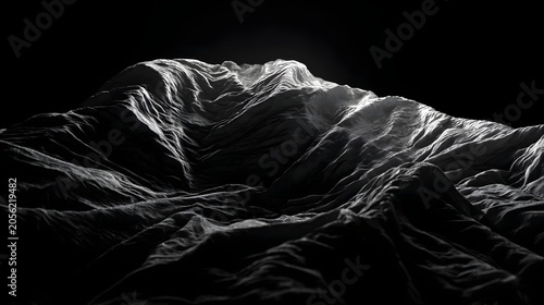 Dramatic low key monochrome landscape of dark abstract mountain folds with sharp highlights isolated on black background
