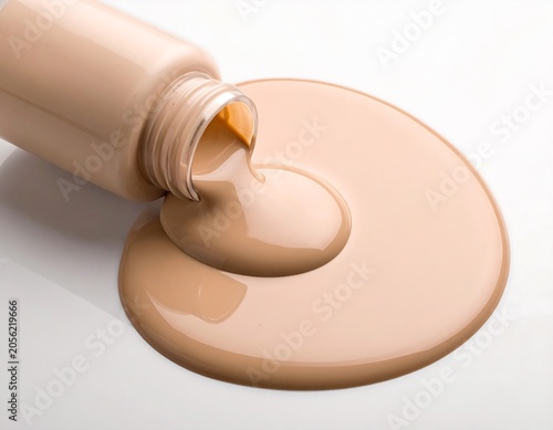 Beige Liquid Foundation Spilling From Cosmetic Bottle on White Background