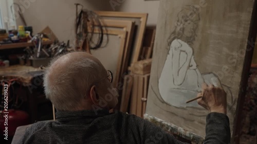 Senior artist on a wheelchair paints an oil painting on canvas in a studio