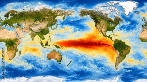 Global Ocean Surface Temperature Map Showing El Ni?o Region