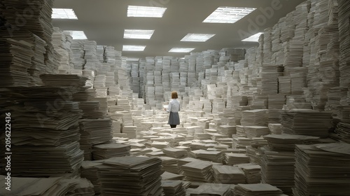 Female office worker standing surrounded by massive stacks of paperwork in room, concept of heavy workload and corporate bureaucracy