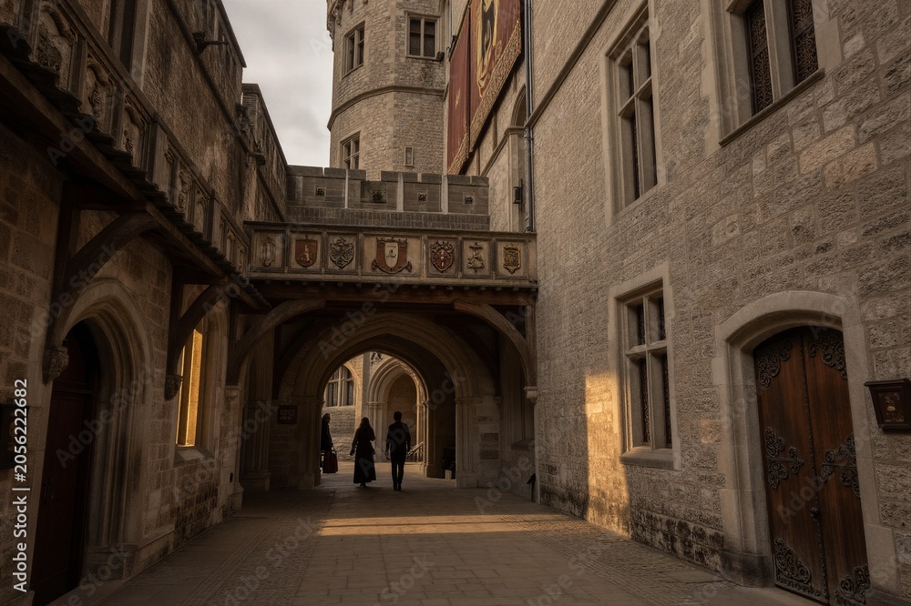 Fototapeta premium Three people walk through a medieval stone courtyard in Ghent's Gravensteen Castle, surrounded by Gothic arches and ornate metalwork.