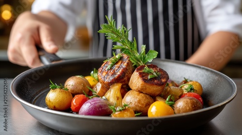 Professional Chef Preparing Gourmet Seared Scallops With Roasted Vegetables In A Hot Kitchen Pan