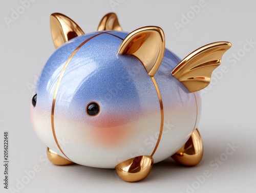 Cute Round Baby Dragon Figurine With Gold Accents And Sparkly Blue Gradient Texture Isolated On Grey
