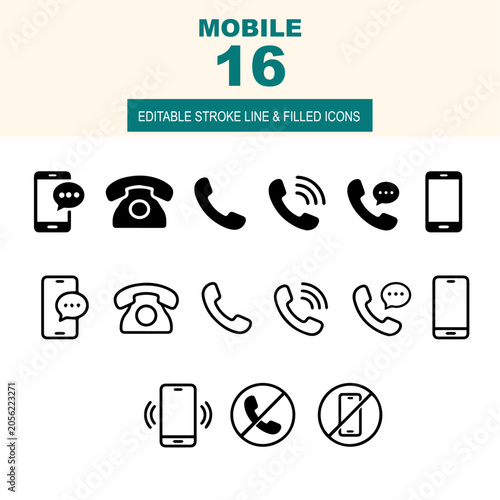 Mobile phone icons set. Telephone handset, smartphone UI, call center, line and solid vector web symbols..eps