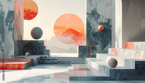 Surreal Geometric Spheres Floating in Minimal Marble Architectural Interior