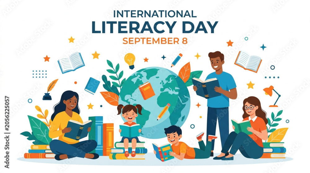 Naklejka premium Diverse group of people of all ages reading books around a stylized globe, celebrating International Literacy Day with educational elements and vibrant colors
