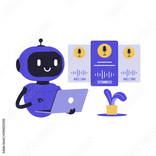 Robot, purple robot, smiling robot, analytics, data analysis, business intelligence, vector illustration