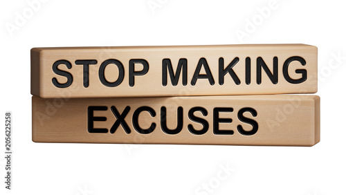 wooden cubes and a wooden block with the text STOP MAKING EXCUSES. Wooden cube blocks. Copy space.Supports PNG files with transparent backgrounds.
