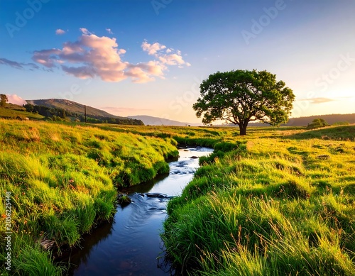 Lush Green Meadow with Winding Stream and Lone Tree at Sunset