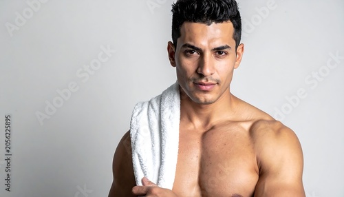 Athletic Shirtless Young Man Posing with White Towel Against Gray Studio Background
