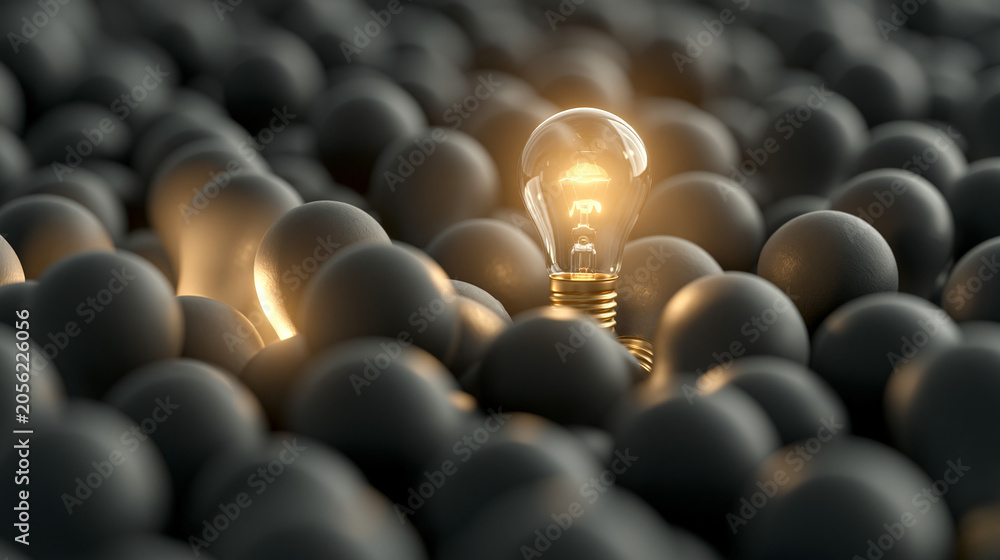 Fototapeta premium A Single Light Bulb Ignites Among Many: One luminous light bulb stands out, glowing brightly amidst a sea of dark, unlit spheres, symbolizing innovation and a unique idea.