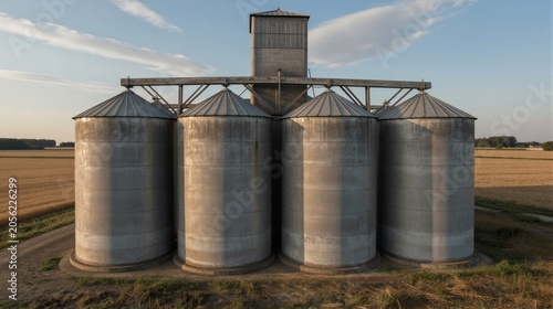 In the warm glow of autumn's golden hour, four silos stand sentinel amidst a sea of harvested fields, their weathered steel exteriors reflecting the vibrant hues of the rustling