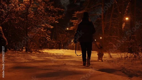 Woman walking her dog on a snowy street of a suburban area at night