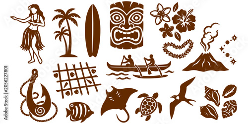 Fotografija Set of Brown Vector Icons Featuring Traditional Hawaiian Culture Symbols and Tro