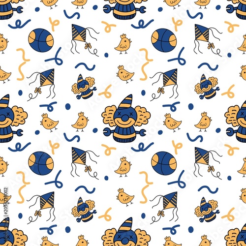 Blue Gold Clown and Toy Kids Seamless Pattern