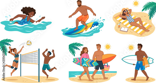 Foto people enjoying beach activities in summer vacation  surfing volleyball and sunb